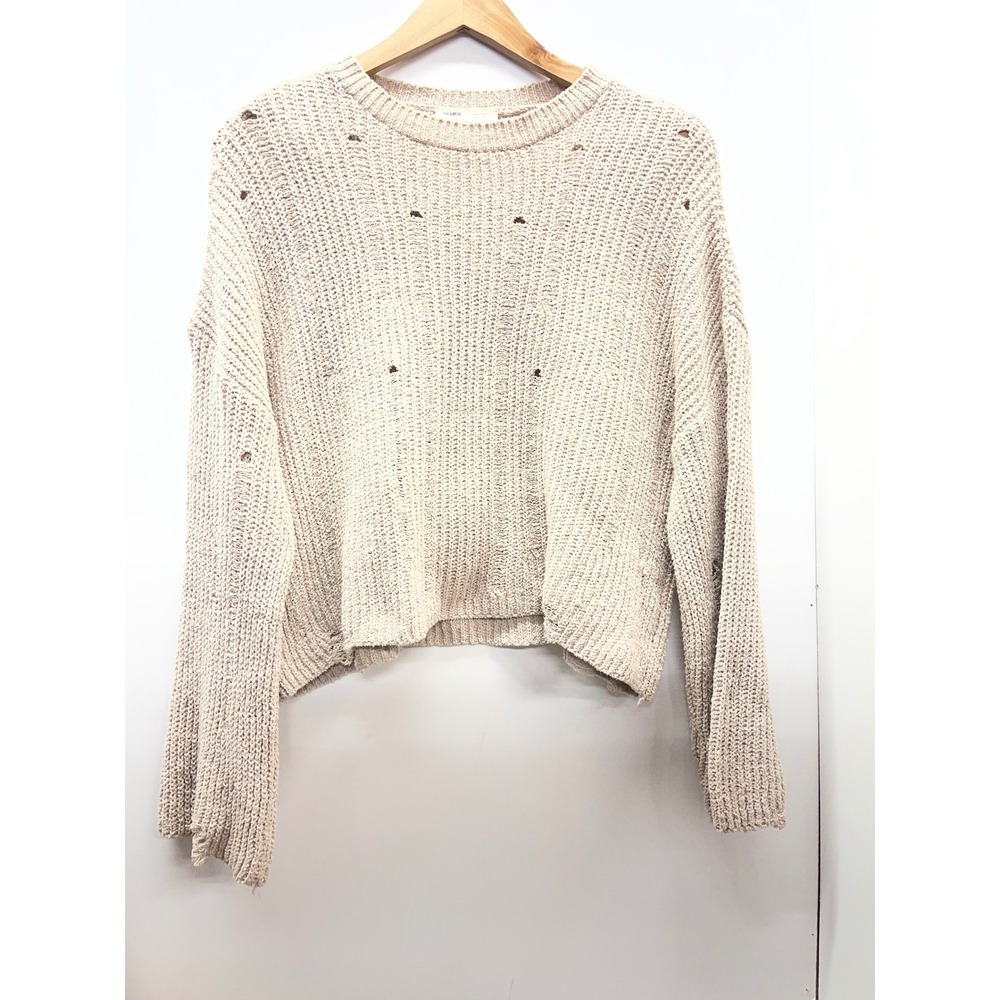Pull&Bear Womens Beige Distressed Chunky Knit Cropped Sweater Size M OS12010
